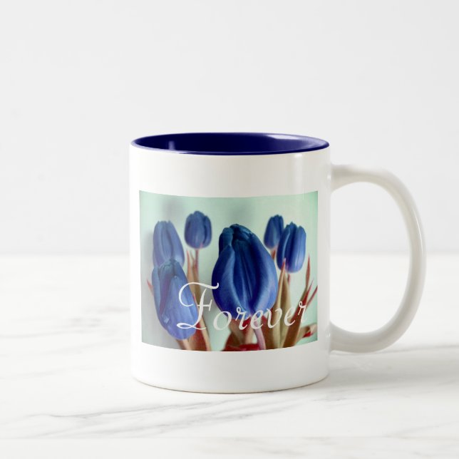 Forever Love Blue Tulips Two-Tone Coffee Mug (Right)