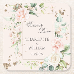 Forever Love Blush Watercolor Floral Date Wedding Square Paper Coaster
