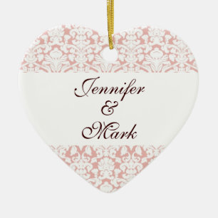 Forever love custom pink white damask heart shape ceramic ornament