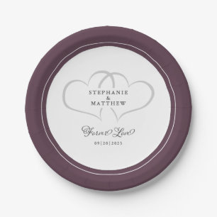 Forever Love Elegant Wedding Hearts Cassis Purple Paper Plate