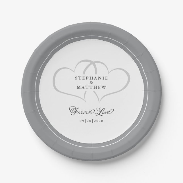 Forever Love Elegant Wedding Hearts Grey & White Paper Plate (Front)
