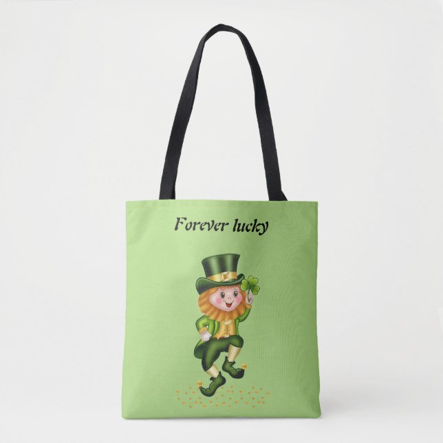 Forever Lucky Green Gnome & Gold Confetti on Green Tote Bag (Front)