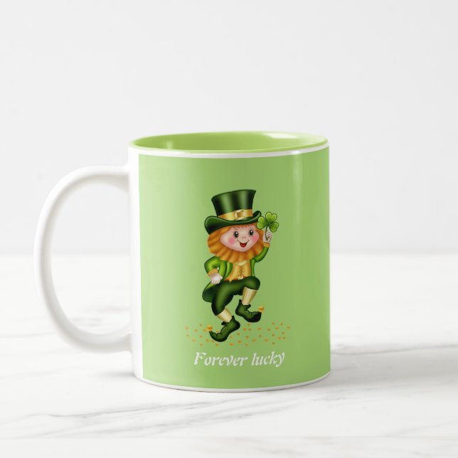 Forever Lucky Green Gnome & Monogram on Lime Green Two-Tone Coffee Mug (Left)