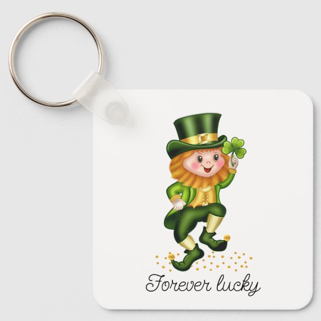 Forever Lucky Green Gnome & Monogram on White Keyc Keychain (Front)