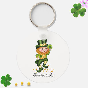 Forever Lucky Green Gnome & Monogram on White Keychain
