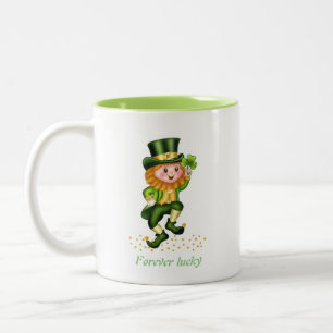 Forever Lucky Green Gnome & Monogram Two-Tone Coffee Mug