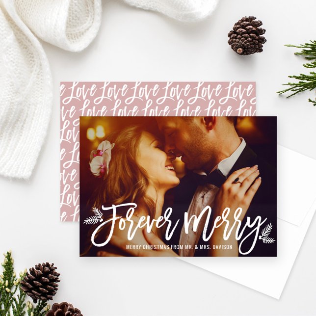 Forever Merry Dusty Rose Wedding Photo Holiday Card (Creator Uploaded)