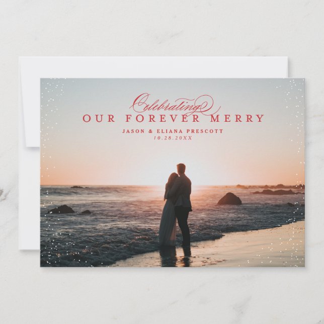 Forever merry red newlywed photo holiday card (Front)