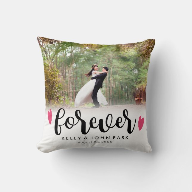Forever Overlay Script Custom Names Wedding Photo Throw Pillow (Front)