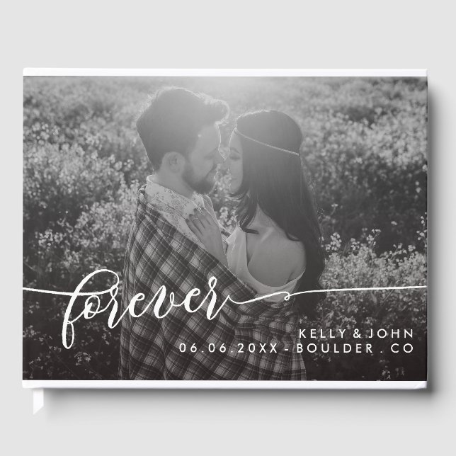 Forever Overlay White Script Photo Wedding Guest Book (Front)