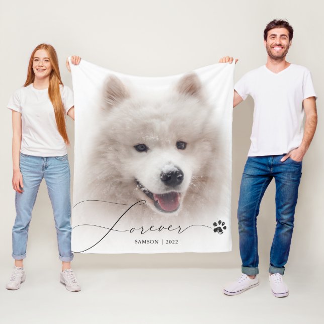 Forever | Pet Memorial Custom Photo Dog Paw Print Fleece Blanket (In Situ)