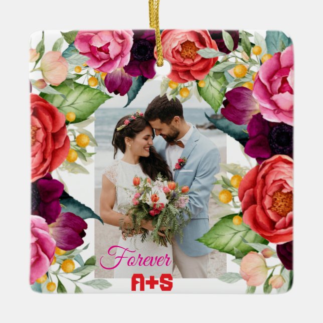 Forever Rose Floral Personalized Couples Photo Ceramic Ornament (Front)