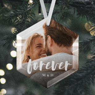 Forever Script Overlay Personalized Couples Photo Glass Ornament