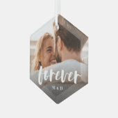 Forever Script Overlay Personalized Couples Photo Glass Ornament (Front Left)