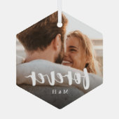 Forever Script Overlay Personalized Couples Photo Glass Ornament (Back)