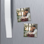 Forever Script Overlay Photo Magnet<br><div class="desc">Share a favourite everyday,  wedding or engagement photo on our square magnets for couples featuring "forever" in modern white handwritten script along the bottom. Makes a sweet gift for anniversaries and Valentine's Day!</div>