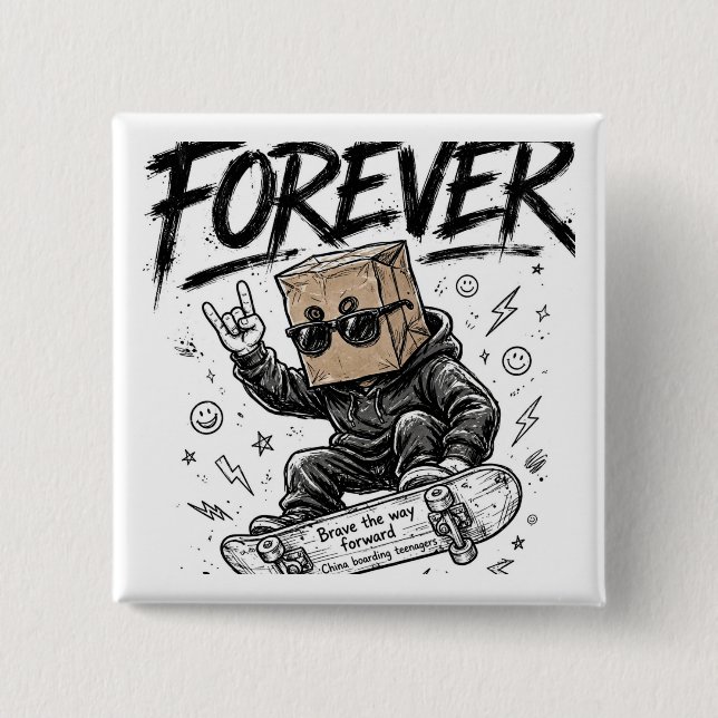 Forever Skateboard Paper Bag Head 2 Inch Square Button (Front)