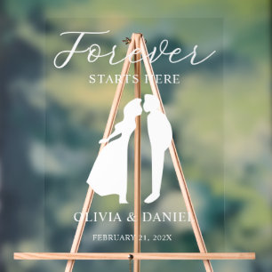 Forever Starts Here Elegant Script Wedding Welcome Acrylic Sign