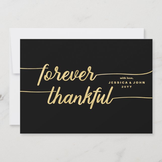 Forever Thankful Black and Gold Photo Wedding Thank You Card (Front)