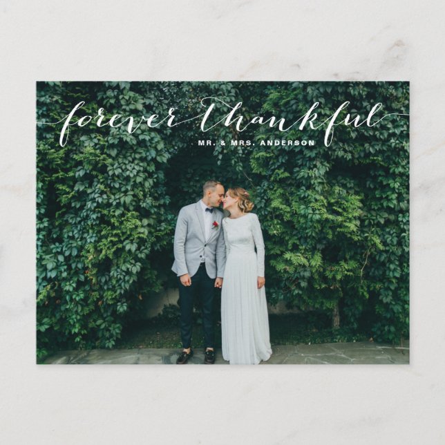 Forever Thankful | White Script Wedding Thank You Postcard (Front)