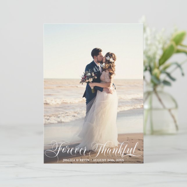 FOREVER THANKFUL White Wedding Thank You PHOTO Card (Standing Front)