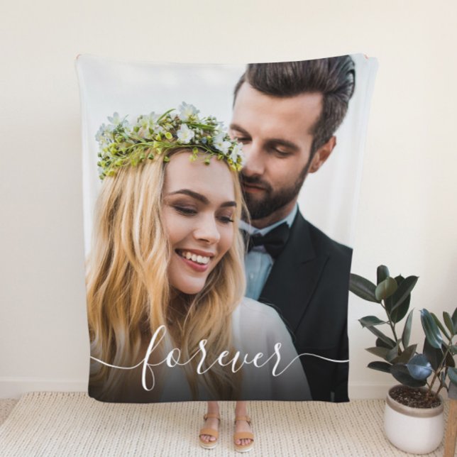 Forever White Script Photo Overlay Wedding Fleece Blanket (Creator Uploaded)