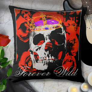 Forever Wild Gothic Skull Red Roses Throw Pillow