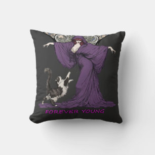 Forever Young Witch and Cat Art Nouveau T-Shirt Throw Pillow