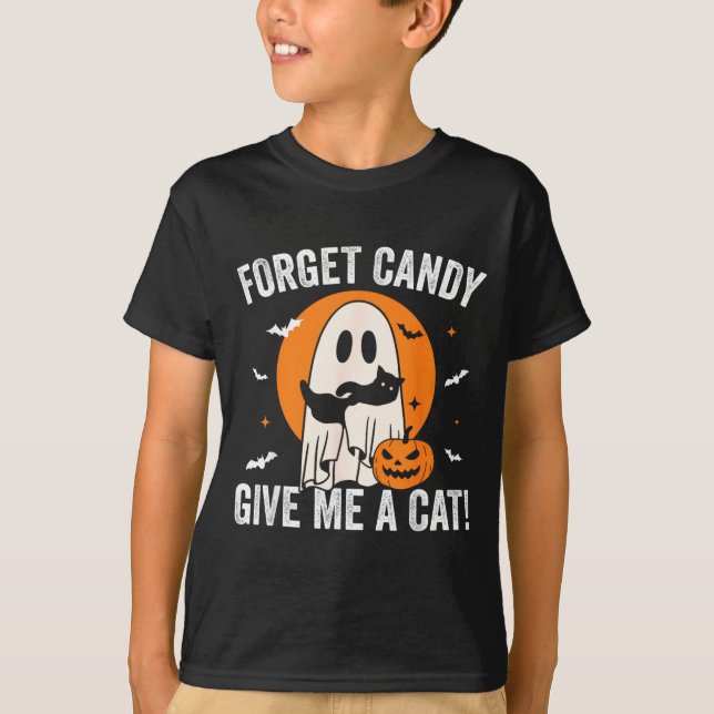 Forget Candy Give A Cat - Funny Black Cat Ghost T-Shirt (Front)