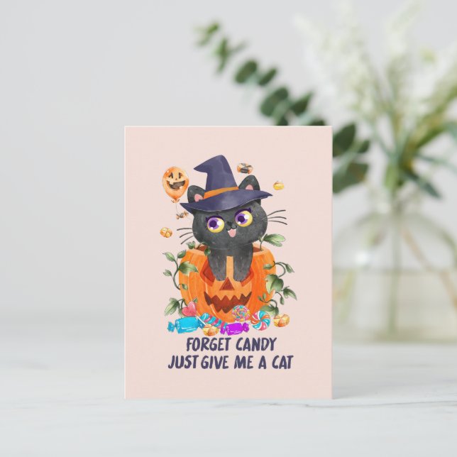 Forget Candy Just Give Me A Cat – Witch Cat Postcard (Standing Front)