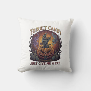 Forget Candy Just Give Me Cat Halloween Pumpkin_1 Throw Pillow