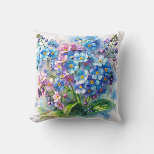 Forget-Me-Not Blue and Pink Flowers Watercolor Throw Pillow