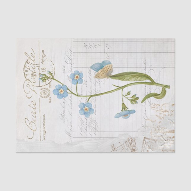 Forget Me Not Blue Butterfly Flower French Script  Tissue Paper (Front)