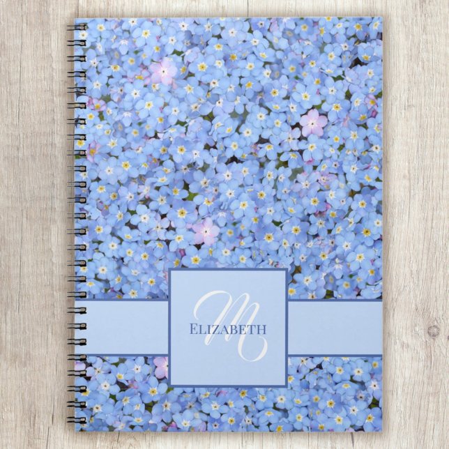Forget Me Not Blue Floral Name + Monogram Template Notebook (Personalize this cute Forget Me Not blue floral design with the name and monogram template.)