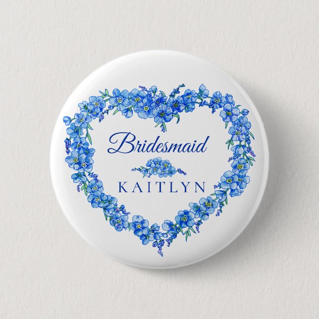 Forget-me-not blue flower heart bridesmaid wedding 2 inch round button (Front)
