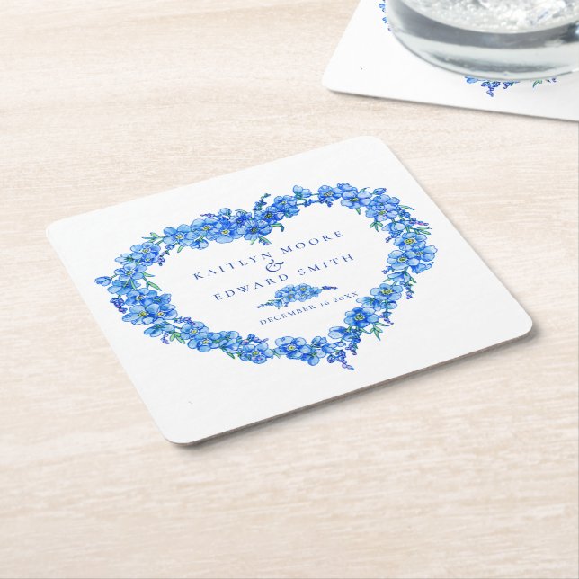 Forget-me-not blue flower heart wreath wedding square paper coaster (Angled)