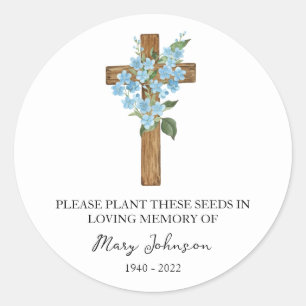 Forget me not Cross Memorial Funeral Seed Packet Classic Round Sticker