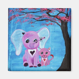 Forget Me Not Cute Elephant Cat Cherry Blossom Art Magnet