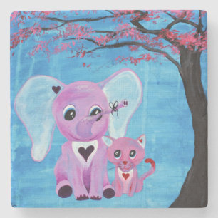 Forget Me Not Cute Elephant Cat Cherry Blossom Art Stone Coaster