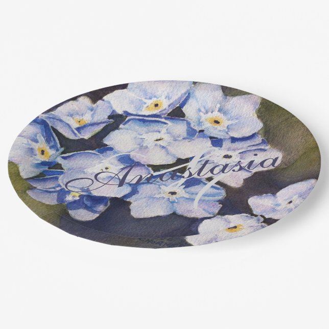 FORGET ME NOT FLOWER PARTY MONOGRAM PAPER PLATE (Angled)