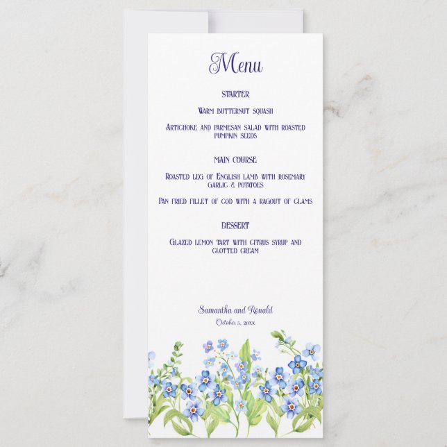 Forget Me Not Flowers Wedding Menu Card (Front)