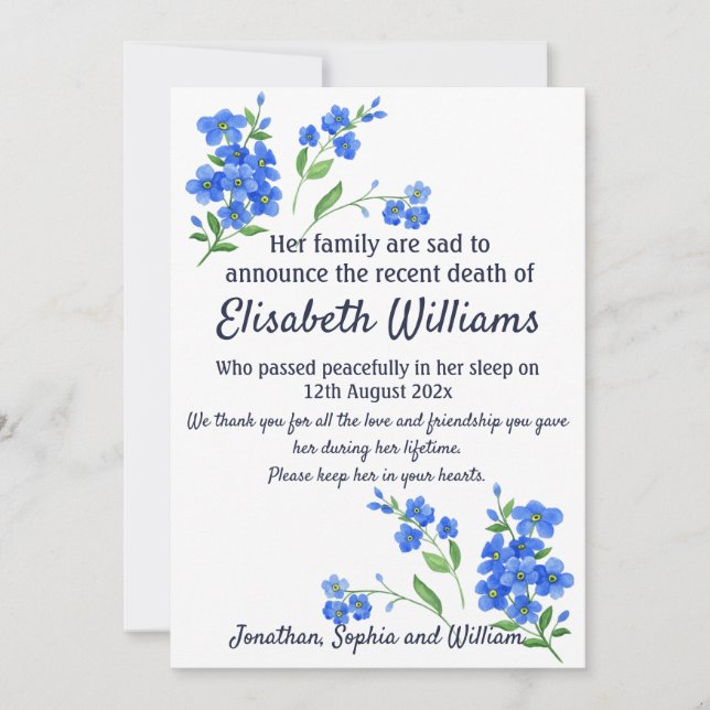 Forget Me Not Memorial Funeral Arrangement Card (Front)