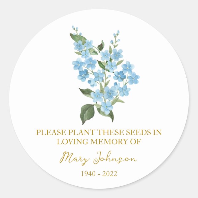 Forget me not Memorial Funeral Seed Packet Classic Round Sticker (Front)