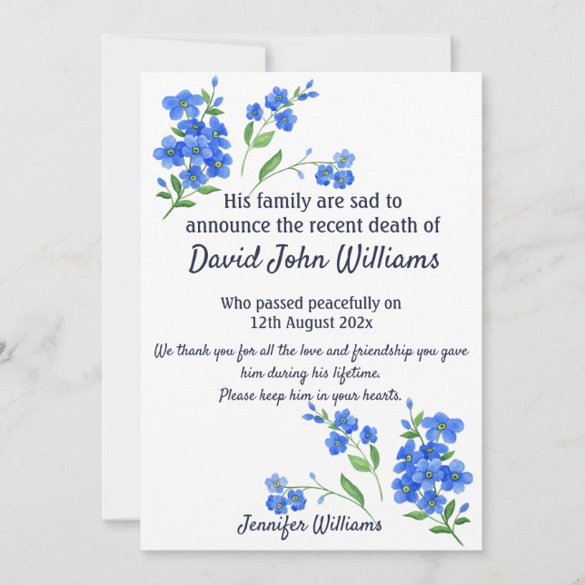 Forget Me Not Notice of Death Bereavement Card (Front)