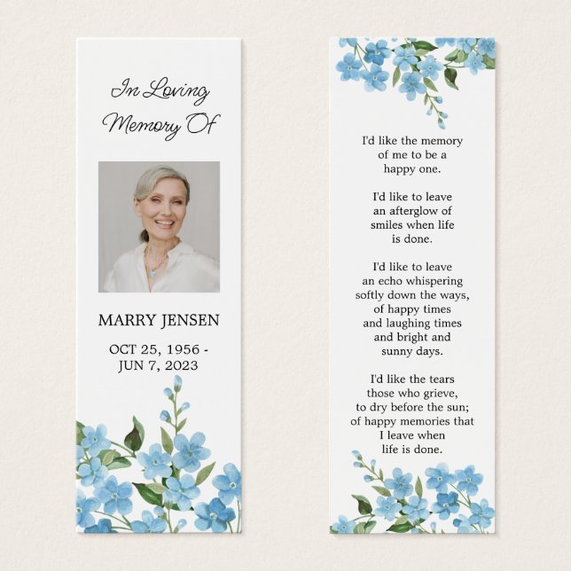 Forget me not Photo Funeral Memorial Bookmark (Front & Back)