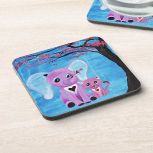 Forget Me Not Pink Elephant Cat Cherry Blossom Art Coaster