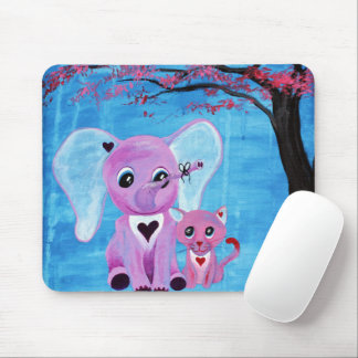 Forget Me Not Pink Elephant Cat Cherry Blossom Art Mouse Pad
