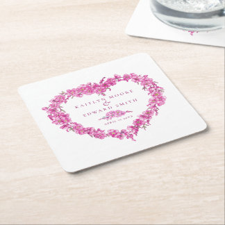 Forget-me-not pink flower heart wreath wedding square paper coaster