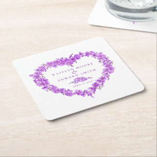 Forget-me-not purple flower heart wreath wedding square paper coaster