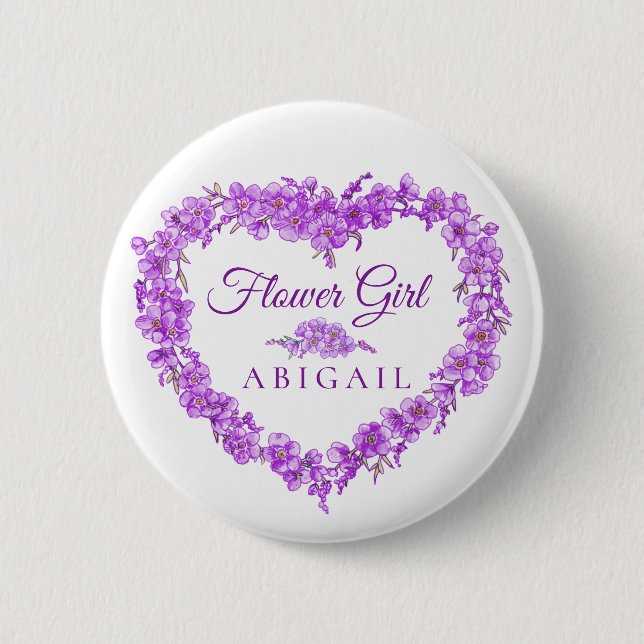 Forget-me-not purple heart flower girl wedding 2 inch round button (Front)